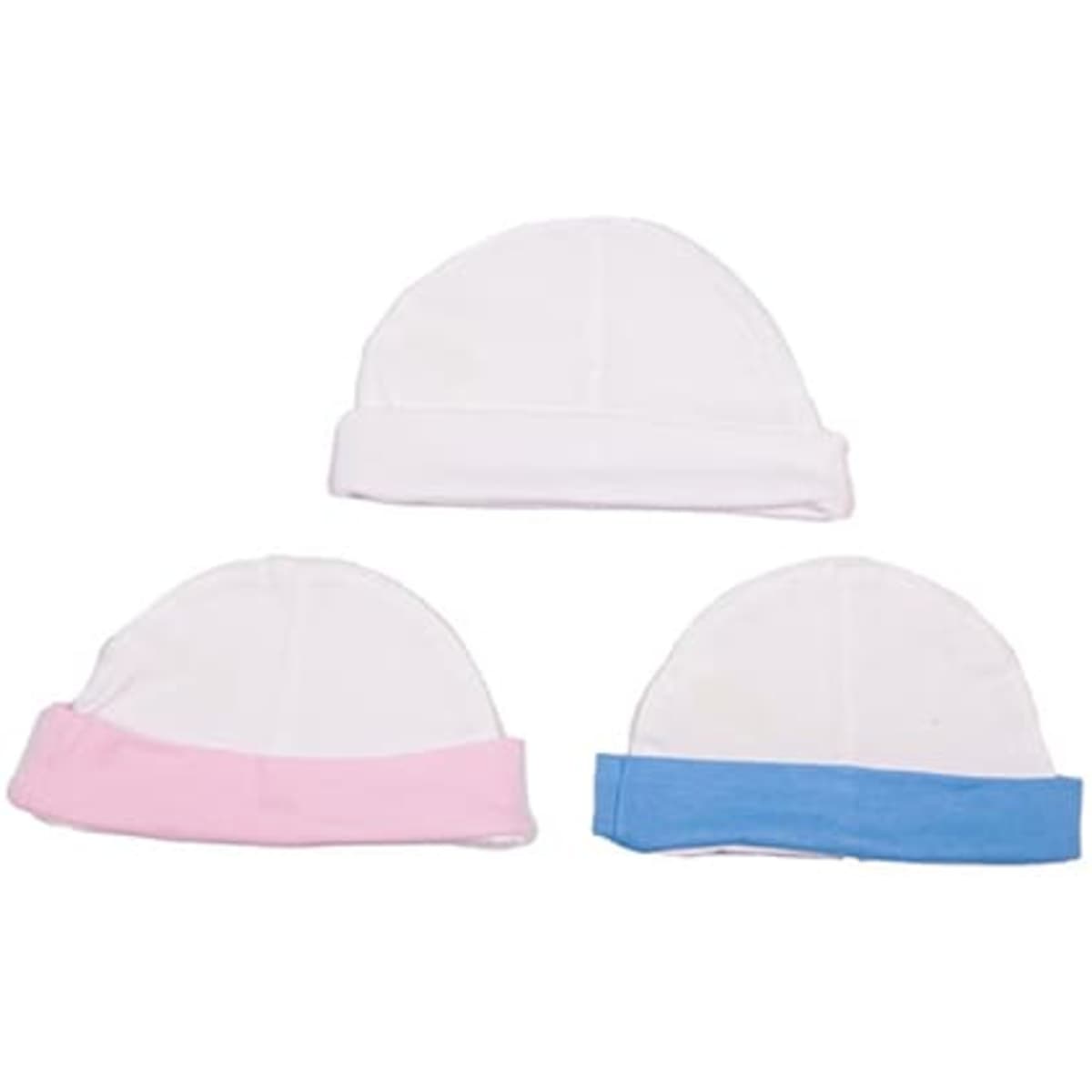 Three baby caps in white, pink, and blue, featuring soft fabric with rolled edges, presented together.