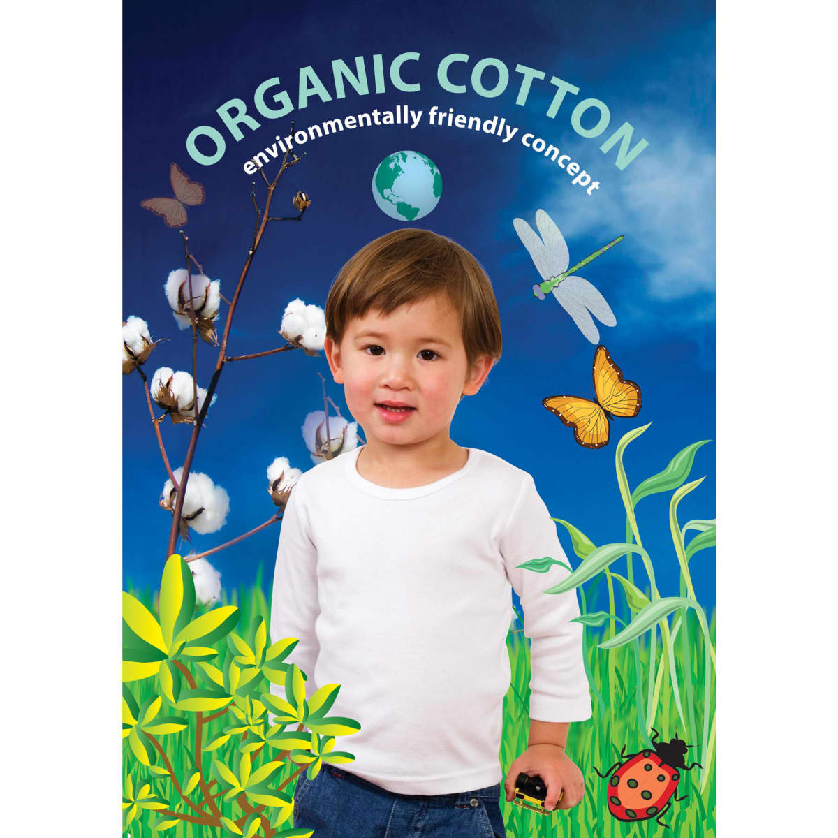 A long-sleeve baby T-shirt in white, featuring a child surrounded by a nature-inspired backdrop with butterflies and insects.