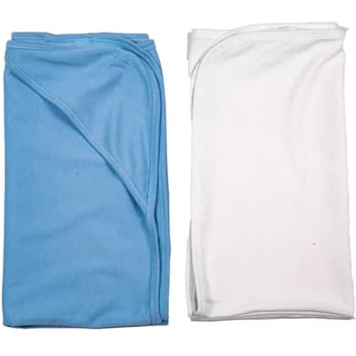 A baby blanket set featuring a blue and a white blanket, neatly folded side by side. Each blanket has a smooth texture.
