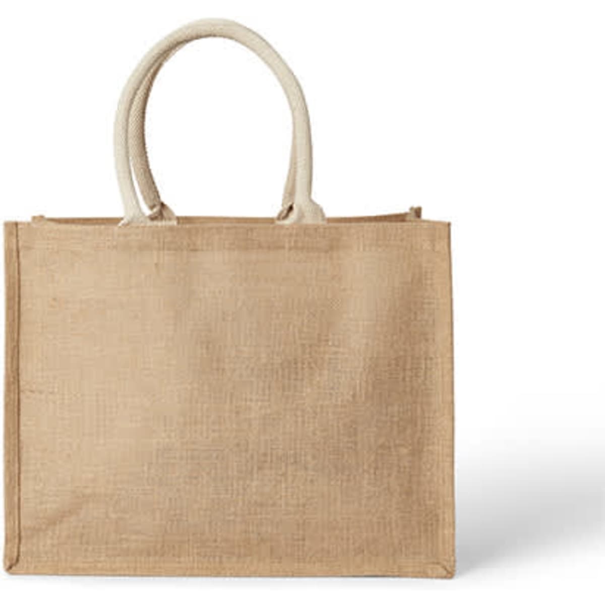 A jute tote bag in a natural beige colour with cream handles and a logo.