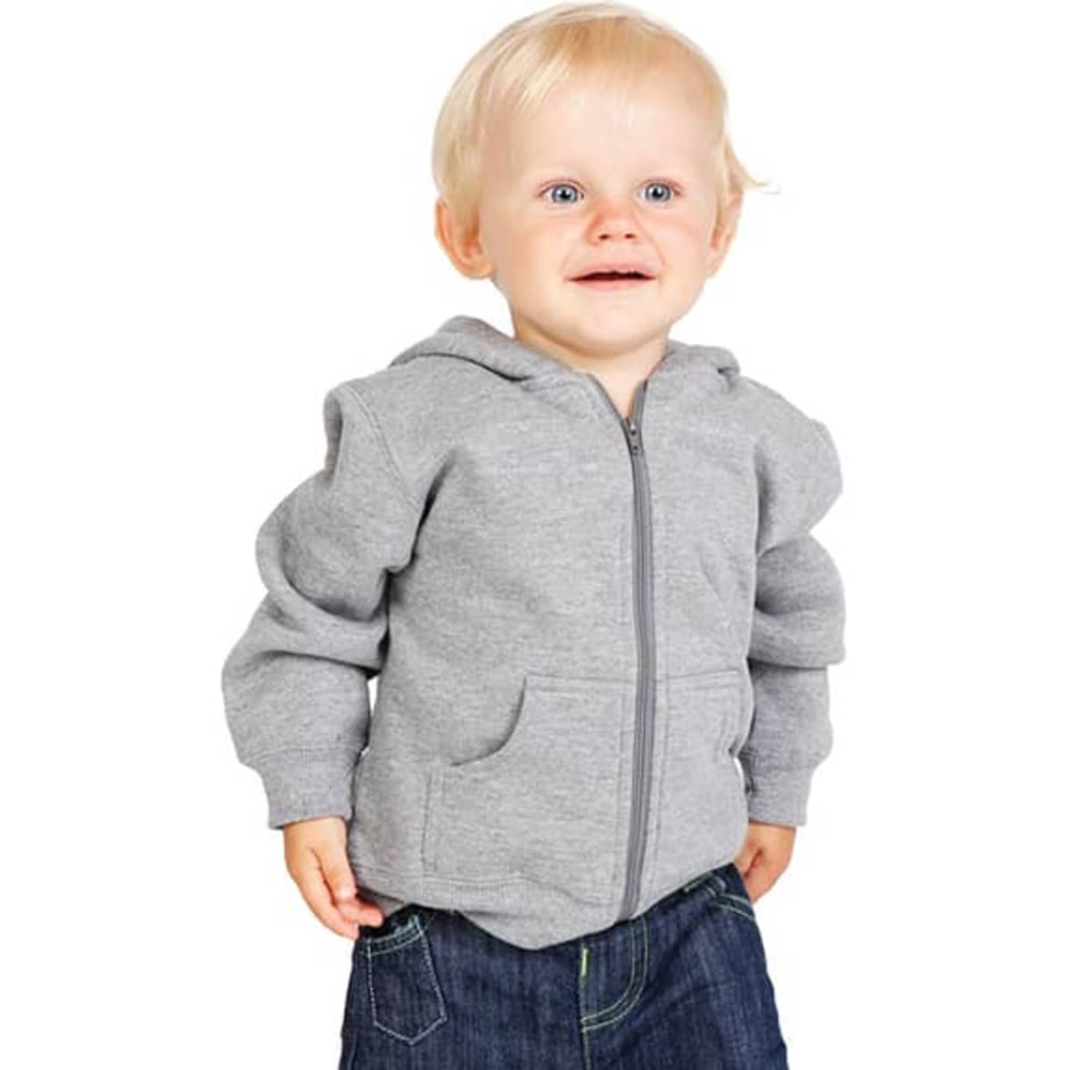 A grey fleece baby zip hoodie worn by a smiling toddler, featuring a front zip and pockets.