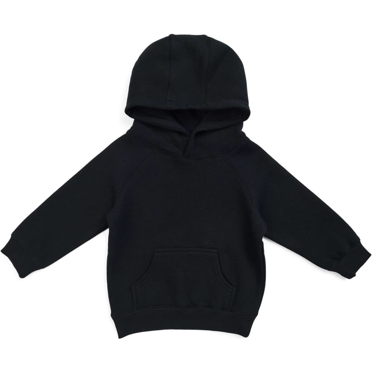 A black cotton kangaroo pocket hoodie for babies with a hood and long sleeves. It features a logo on the front.