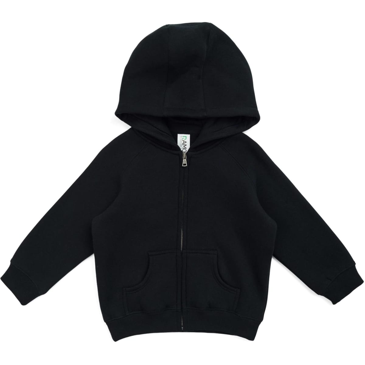 A black kangaroo zip pocket hoodie with a hood and front pouch pocket, featuring a logo on the label.