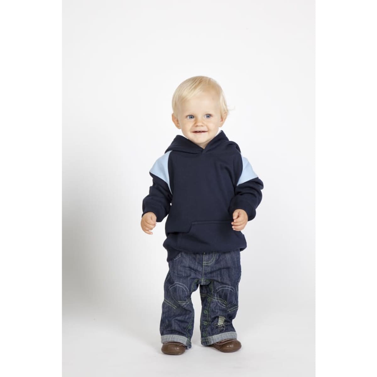 A navy blue hoodie with light blue contrast panels, worn by a smiling toddler in jeans.