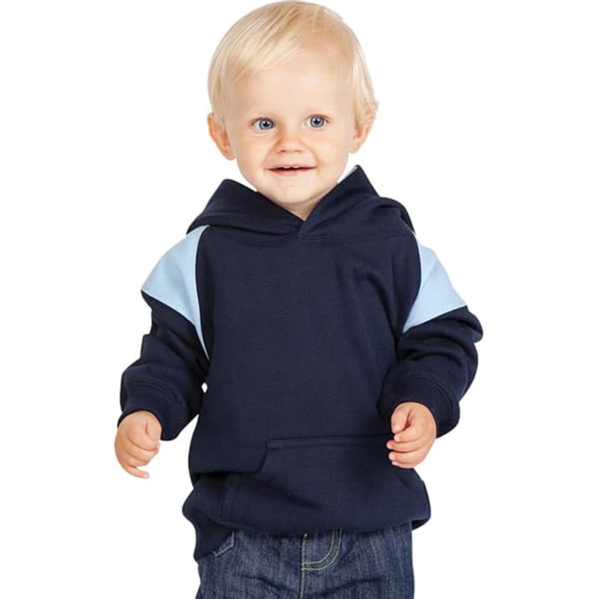 A kids' hoodie featuring a navy body with light blue contrast panels on the sleeves, designed for comfort.