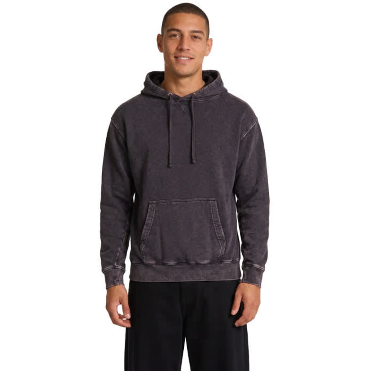 A men's stone wash fleece hoodie in a dark blue colour, featuring a front pouch pocket and a hood, with branding.