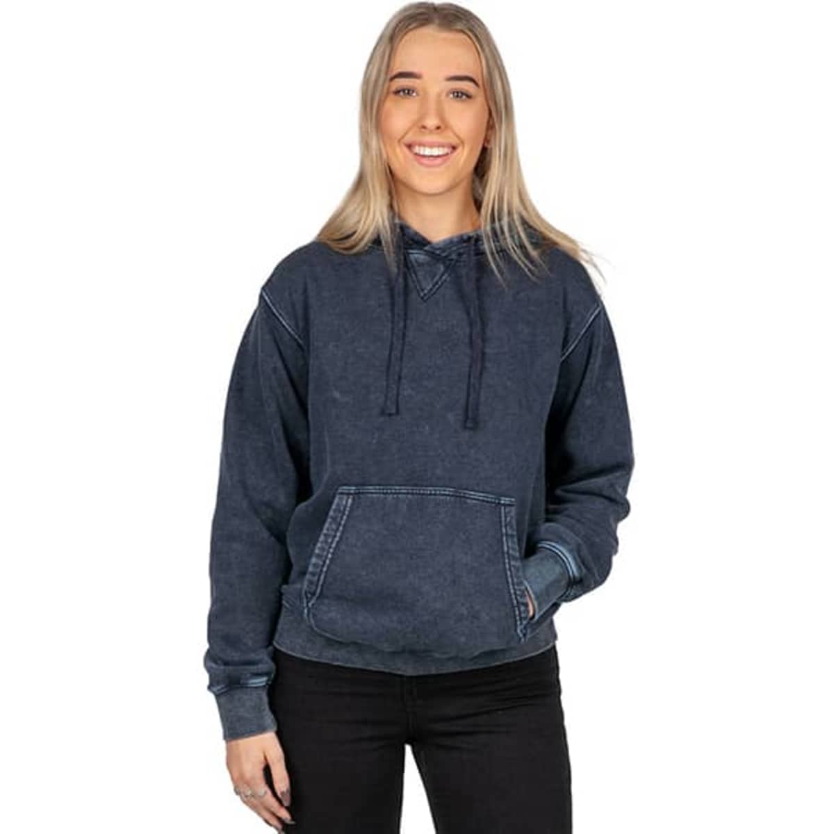 A navy stone wash fleece hoodie with a front pocket and drawstring hood, modelled by a smiling woman.