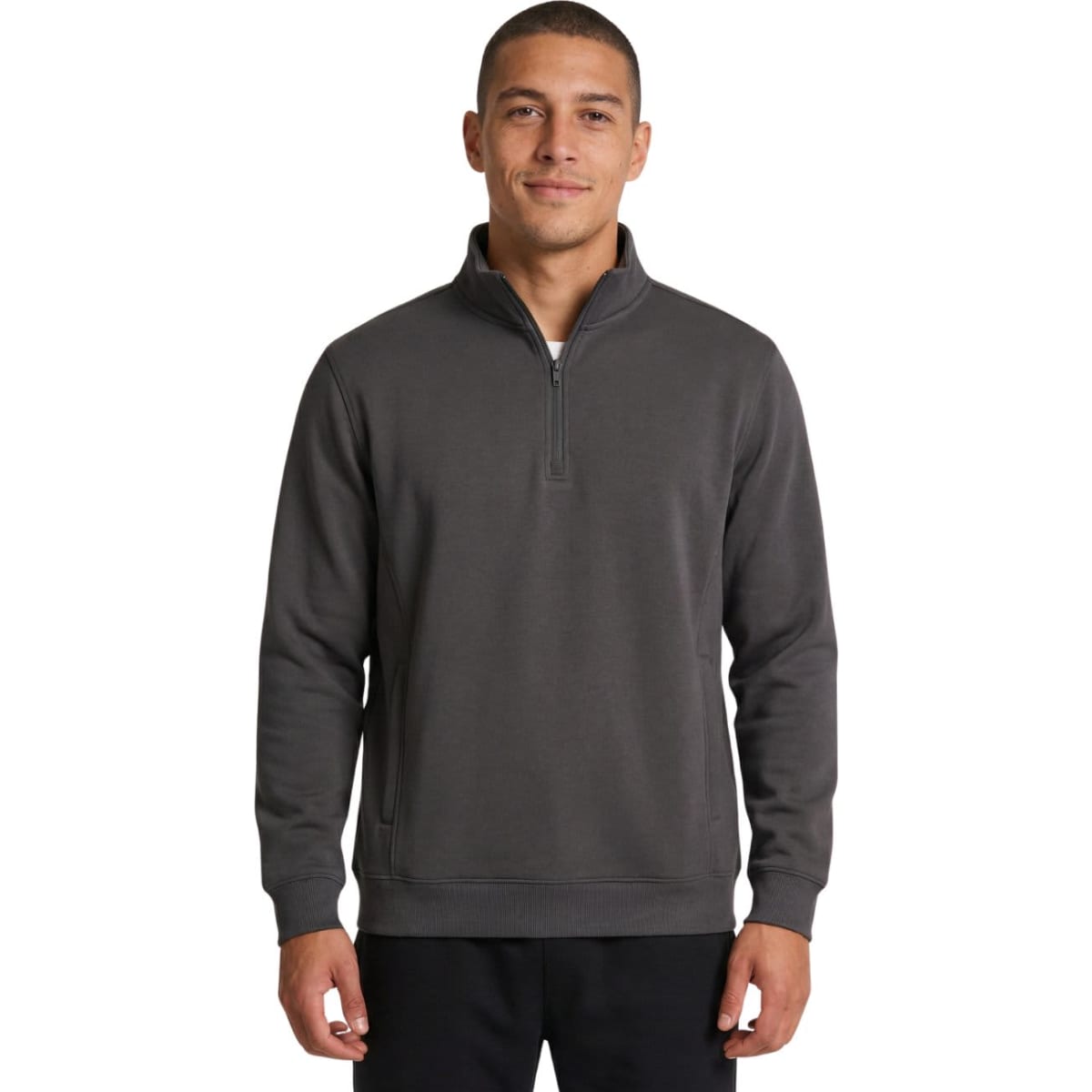 A navy blue half zip fleece jumper featuring a stand-up collar and side pockets, modelled by a man.
