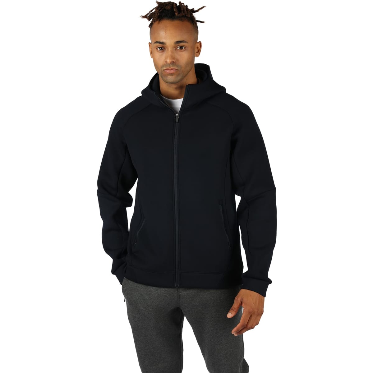 A black zip-up hoodie with a hood and pockets, modelled by a male figure in casual attire.