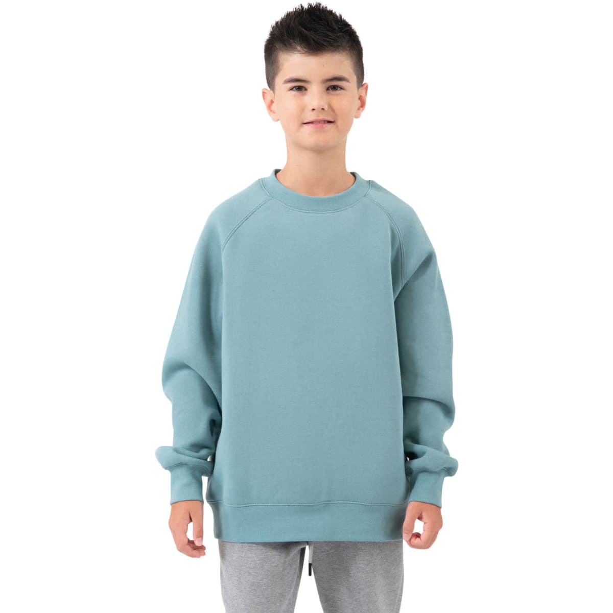 A boy wearing a light blue cotton sweatshirt with a relaxed fit and long sleeves. The sweatshirt has a logo.