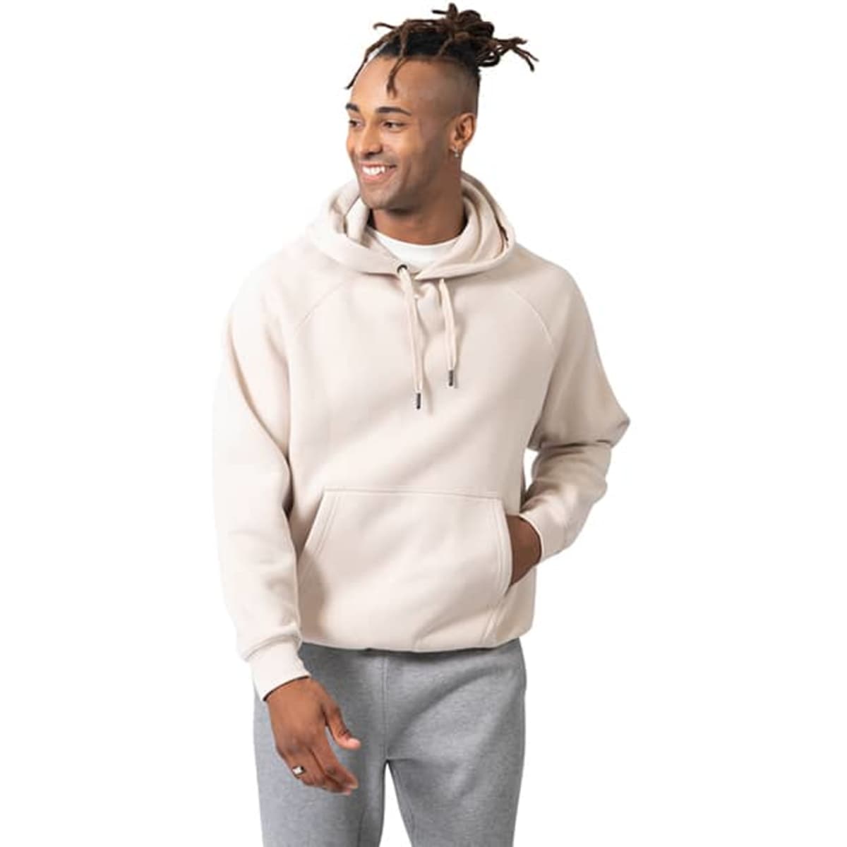 A men's cotton hoodie in light beige with a hood and front pocket, featuring a logo.