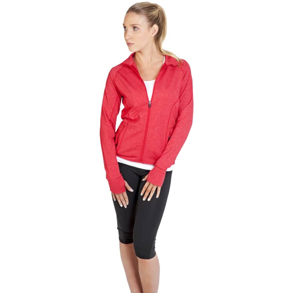 A red heather jacket with a zip front, long sleeves, and a fitted design, worn by a model.
