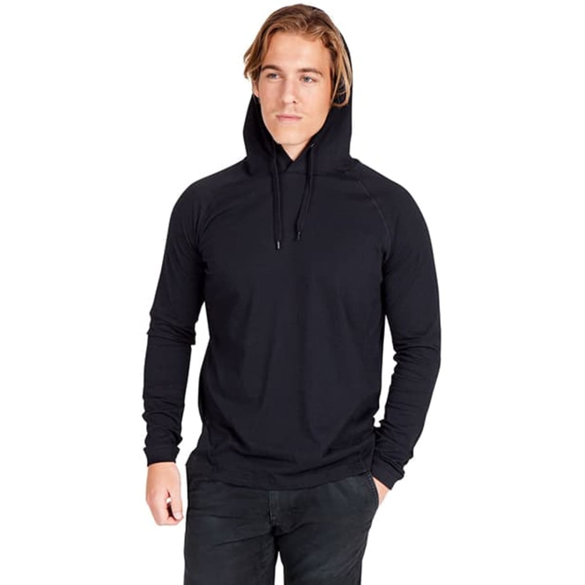 A black unisex hoodie with a relaxed fit and a drawstring hood. The model has a casual pose.