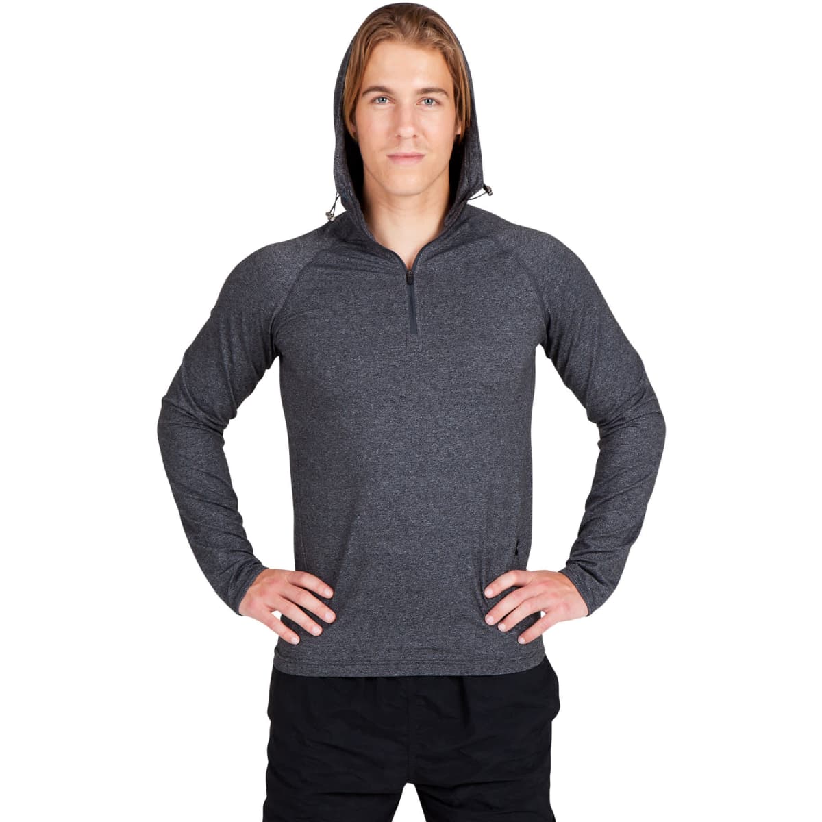 A grey half-hood top for men with a zippered neckline, designed as a stylish hoodie. Features a logo on the front.