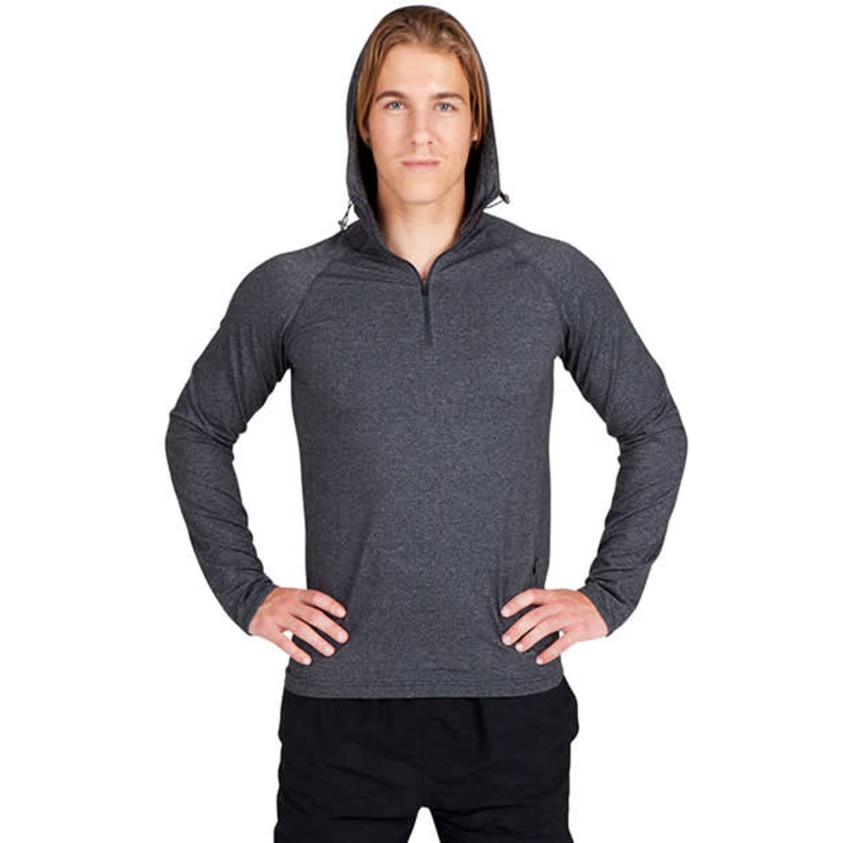 A men's half-hood top in dark grey, featuring a zip front and long sleeves, with a simple logo.