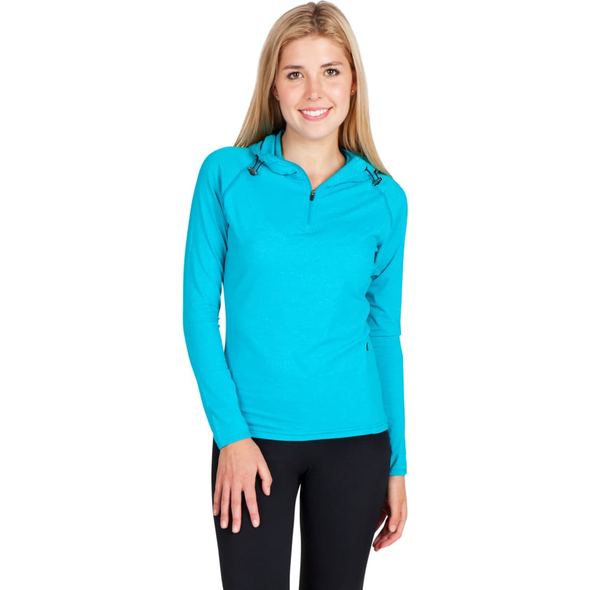 A turquoise half-hood top for women, featuring long sleeves and a zip neckline, with a subtle branding detail.