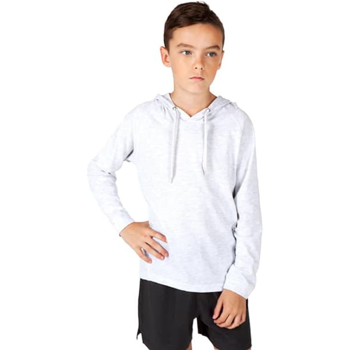 A grey hoodie with long sleeves and a front pocket, featuring a hood and a logo.