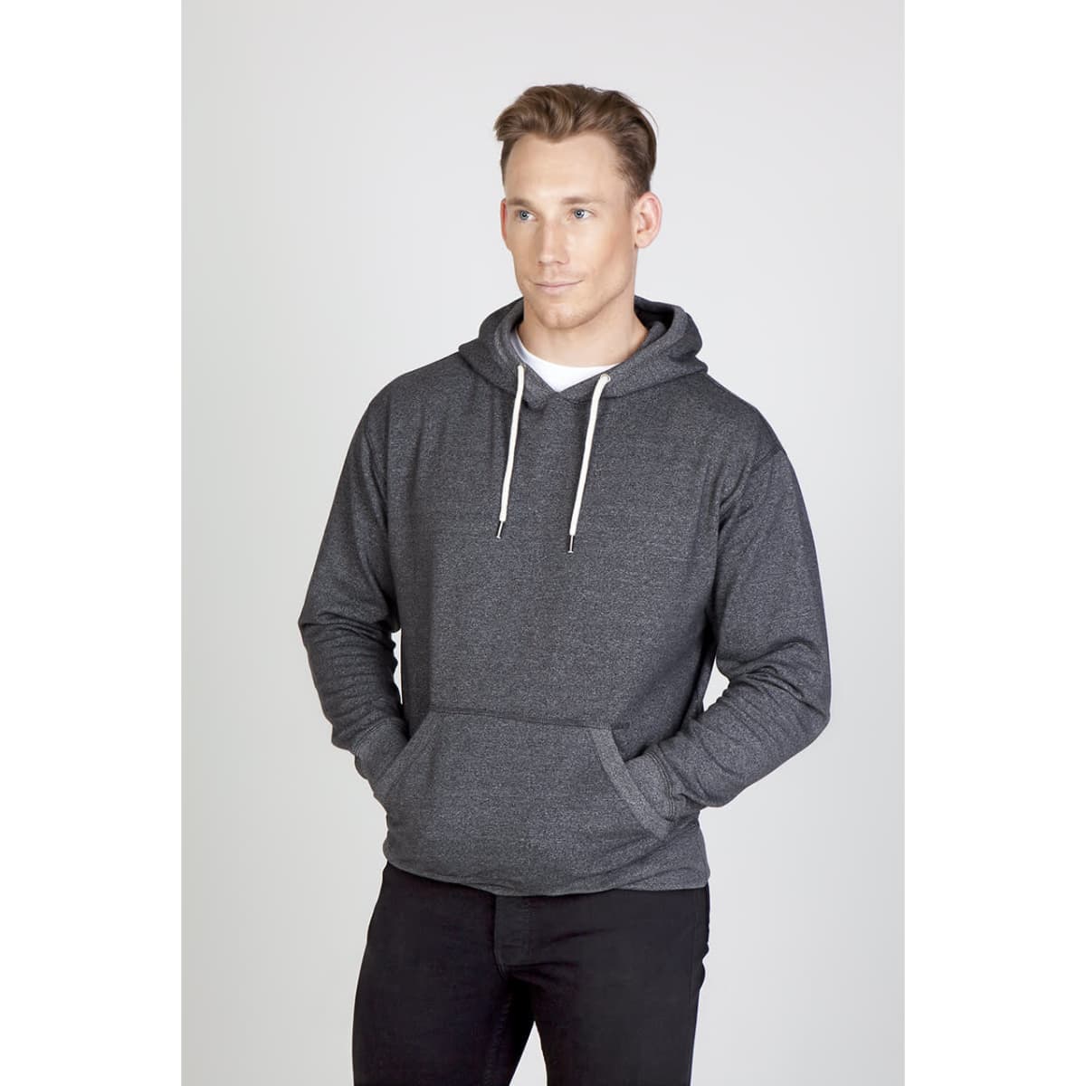 A grey hoodie with a front pocket and drawstring hood, featuring a logo on the chest.