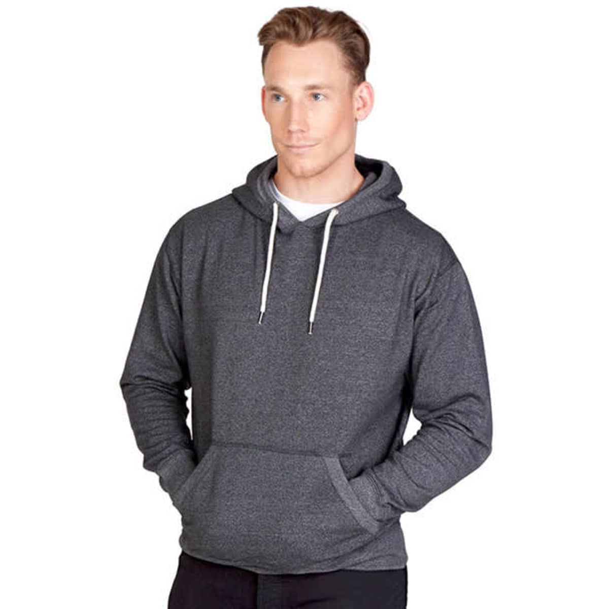 A grey heather hoodie for men, featuring a front pocket and drawstring hood. Includes a logo on the chest area.