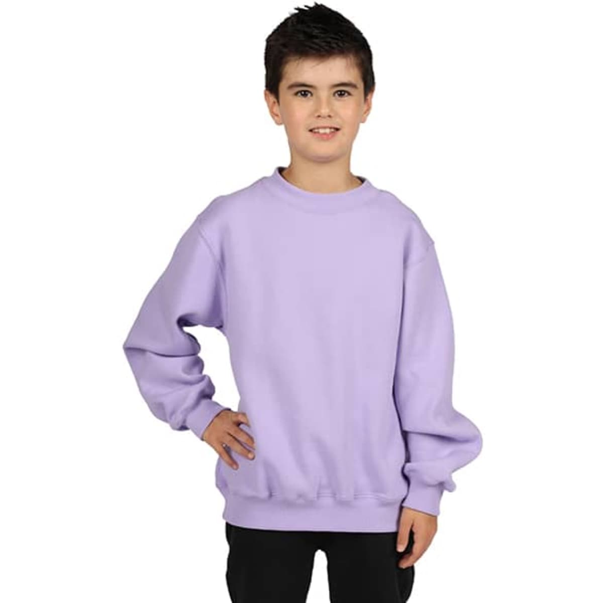 A kid wearing a lavender crew neck jumper. The jumper has a relaxed fit and long sleeves.