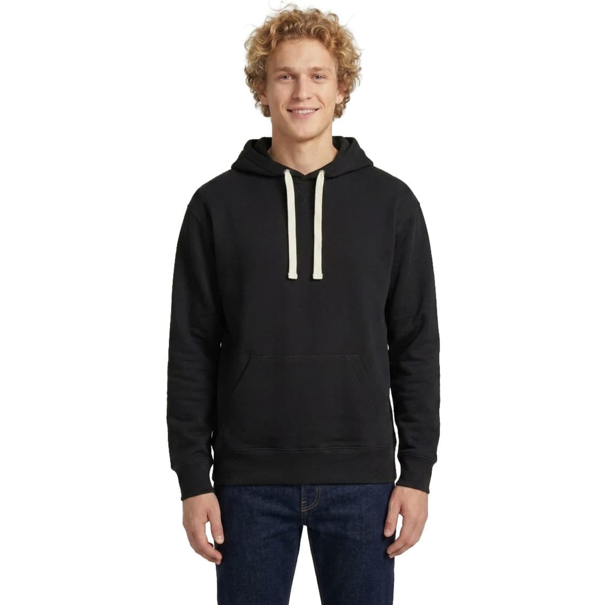 A purple and a blue men's brushed heavy fleece hoodie worn by a woman and man, both smiling. The hoodies have white drawstrings.