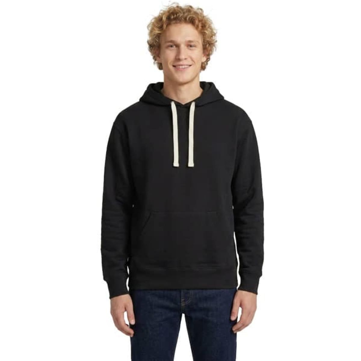 A blue men’s brushed heavy fleece hoodie with a front pocket and white drawstrings, featuring a logo.