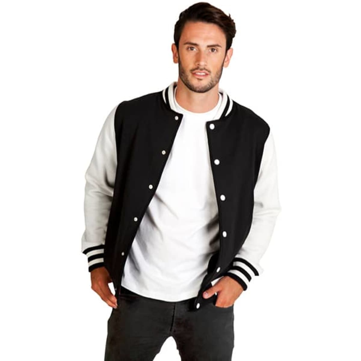 A men's varsity jacket featuring black and white colours, with a logo, stylishly worn by a model standing against a white background.