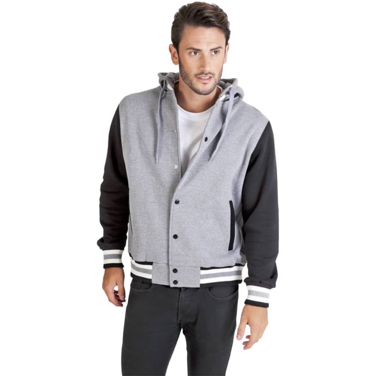A men's varsity jacket and hood in grey and black, featuring a two-tone design and front pockets.