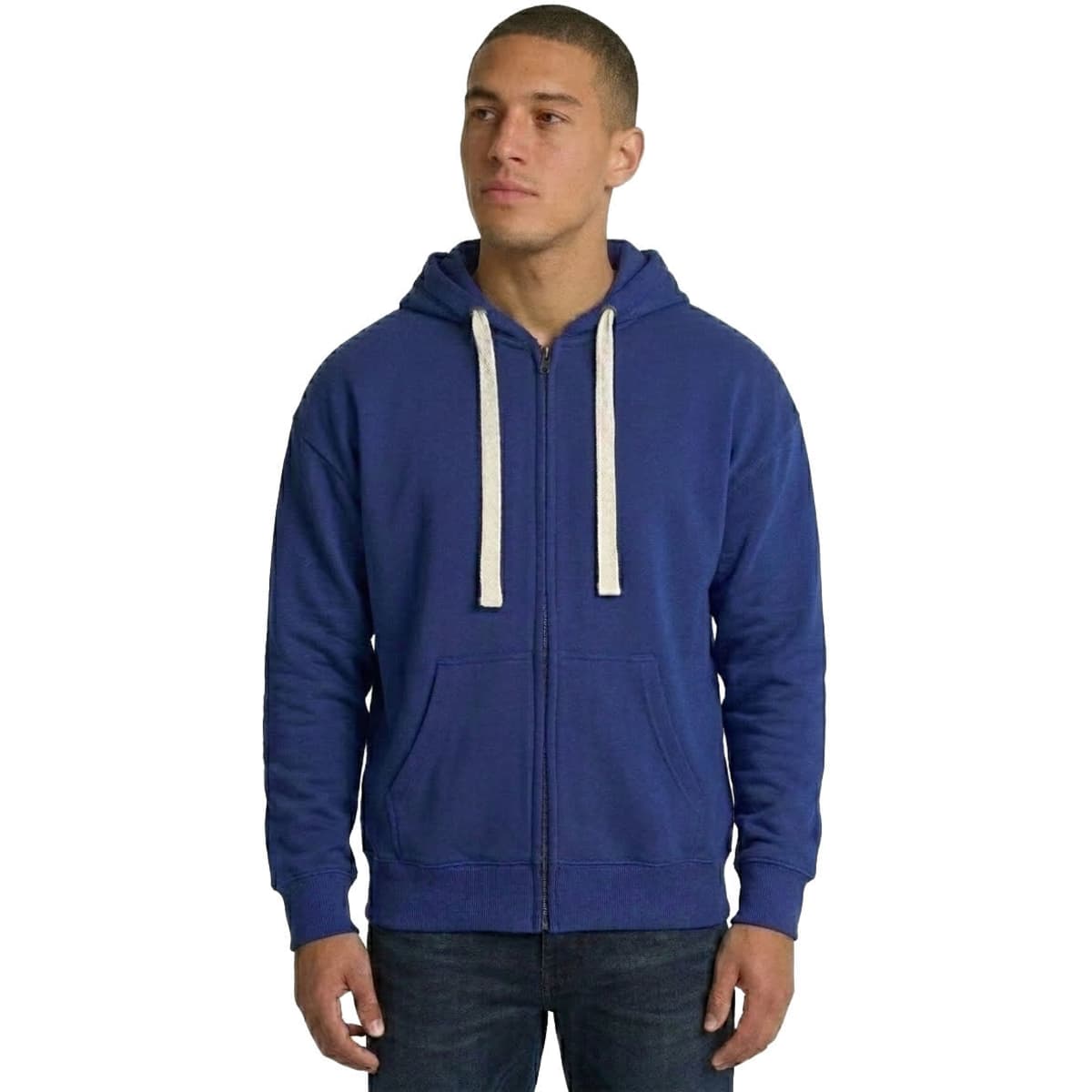 A navy blue and burgundy zip fleece hoodie with a hood, featuring pockets and a logo on the front.