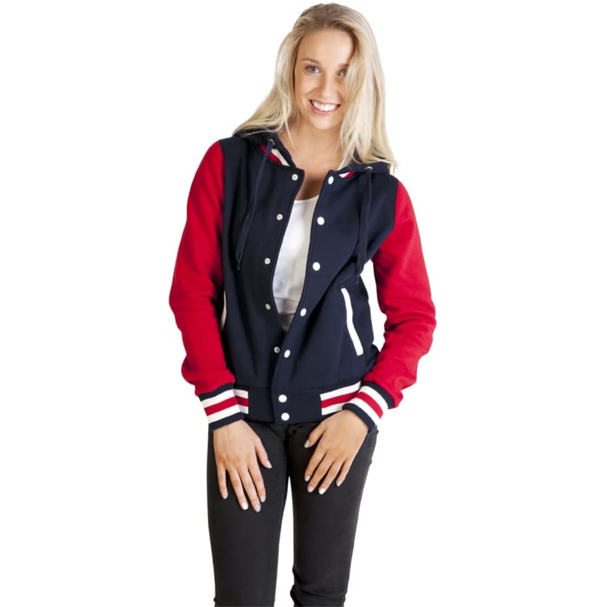 A women's varsity jacket with a navy body and red sleeves, featuring a hood and contrasting striped cuffs.