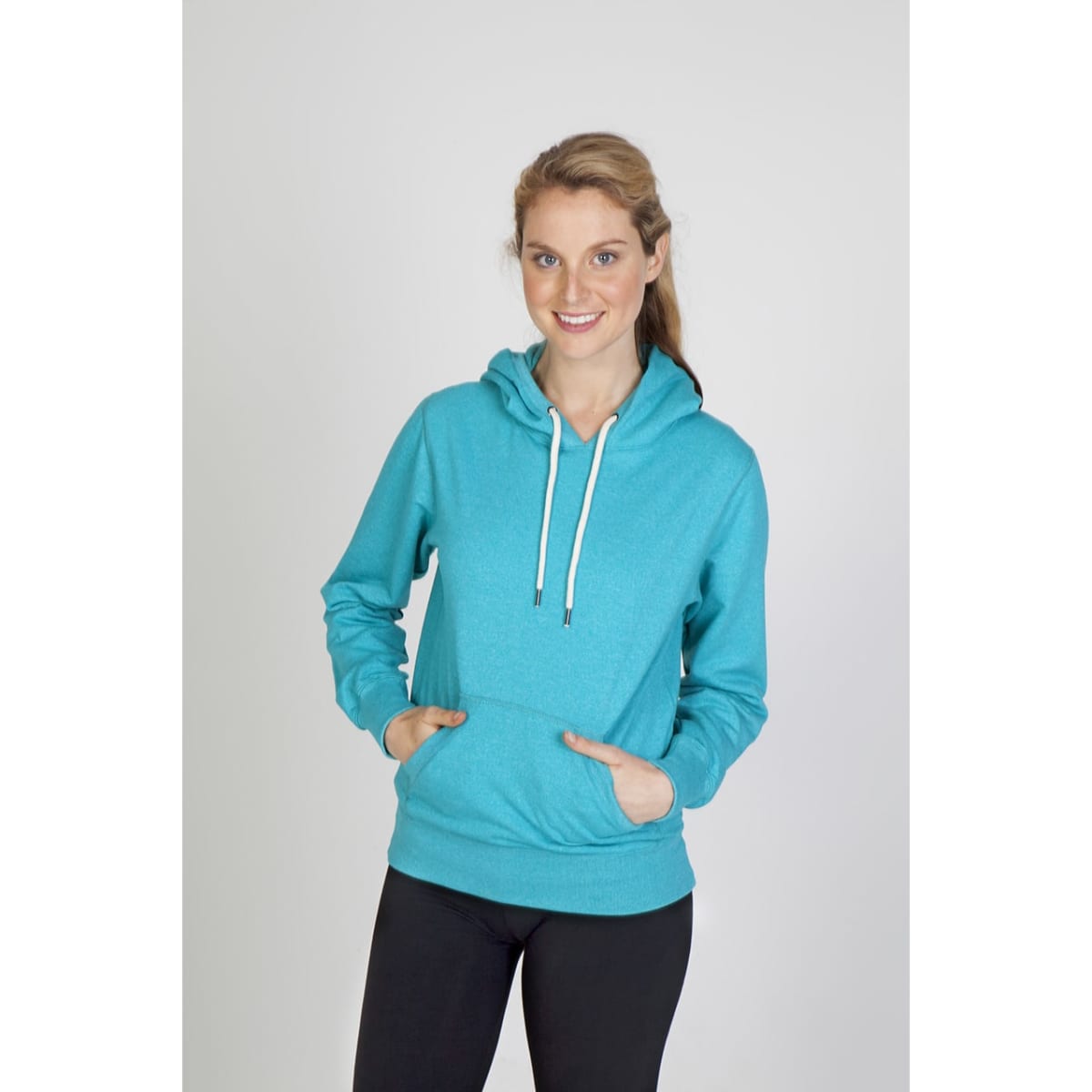 A turquoise hoodie with a front pocket and drawstring hood, worn by a smiling woman.