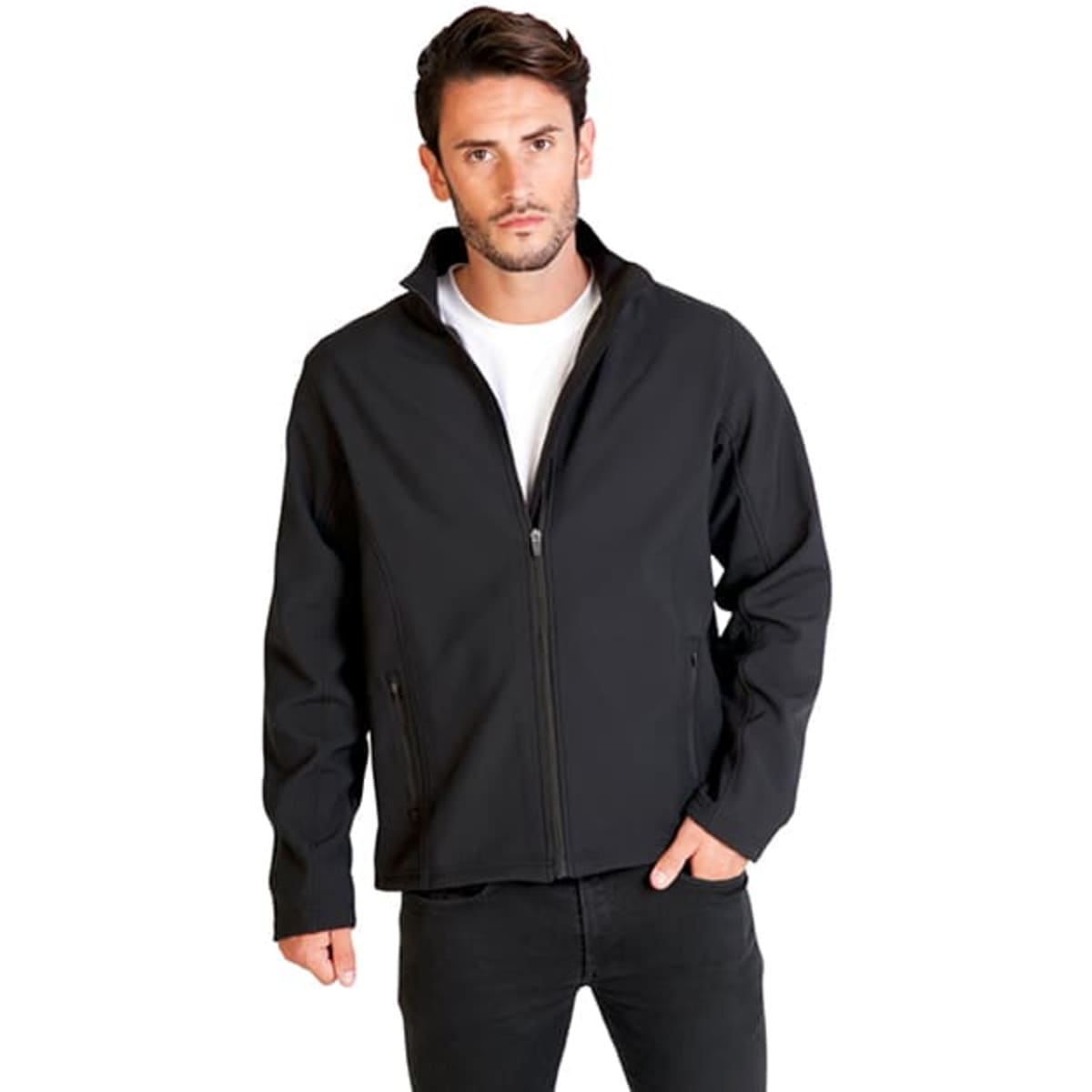 A black soft shell jacket featuring a zip front and side pockets, modelled by a man standing upright.