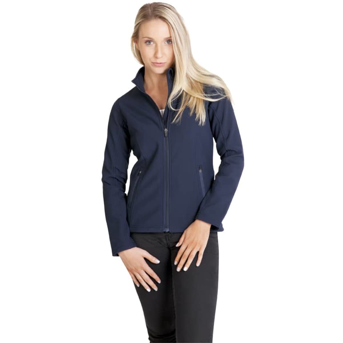 A navy women's soft shell jacket with a zip front and two side pockets, worn by a model.