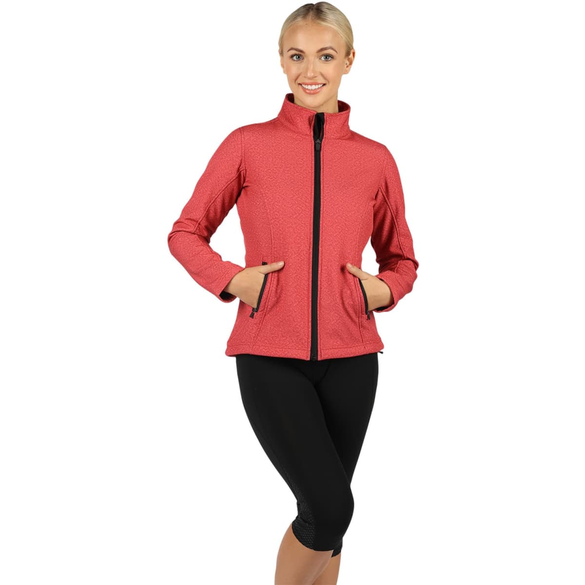 A soft shell jacket in heather red with a zip front and black detailing, featuring side pockets.