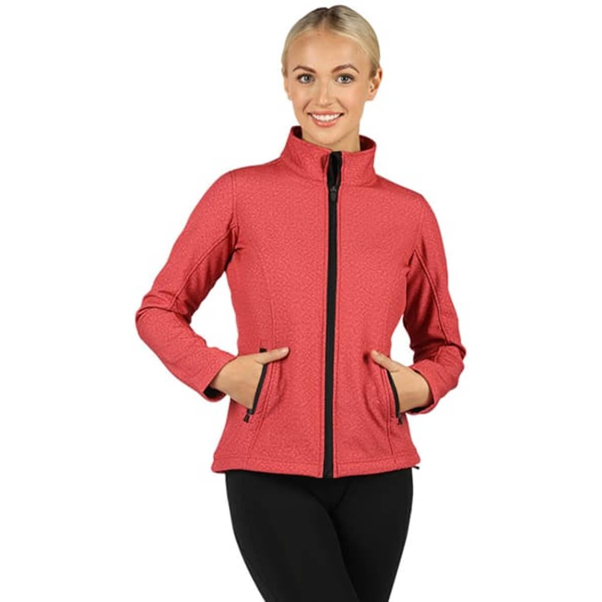 A pink soft shell jacket featuring a zip closure and side pockets, with a fitted design and high collar.