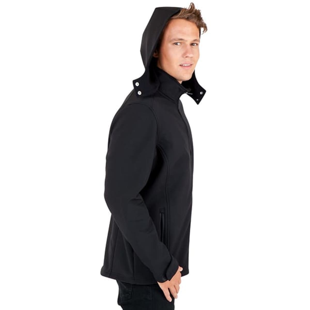 A black men's soft shell hooded jacket from the TEMPEST range, featuring a zip and side pockets.