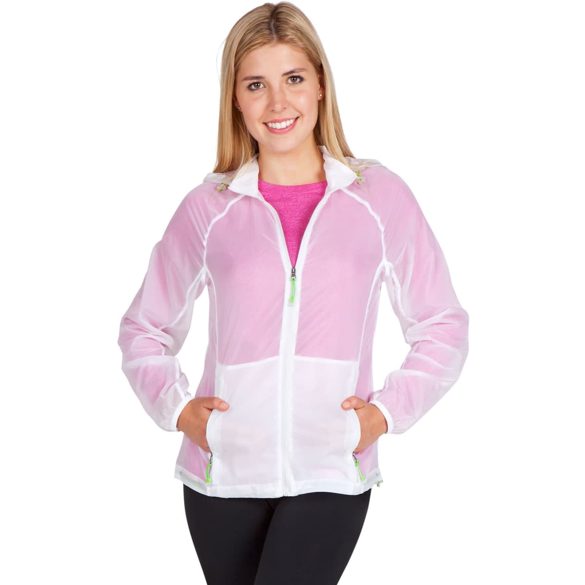 A lightweight women's air jacket in white with pink accents, featuring a hood and pockets, displayed on a model.