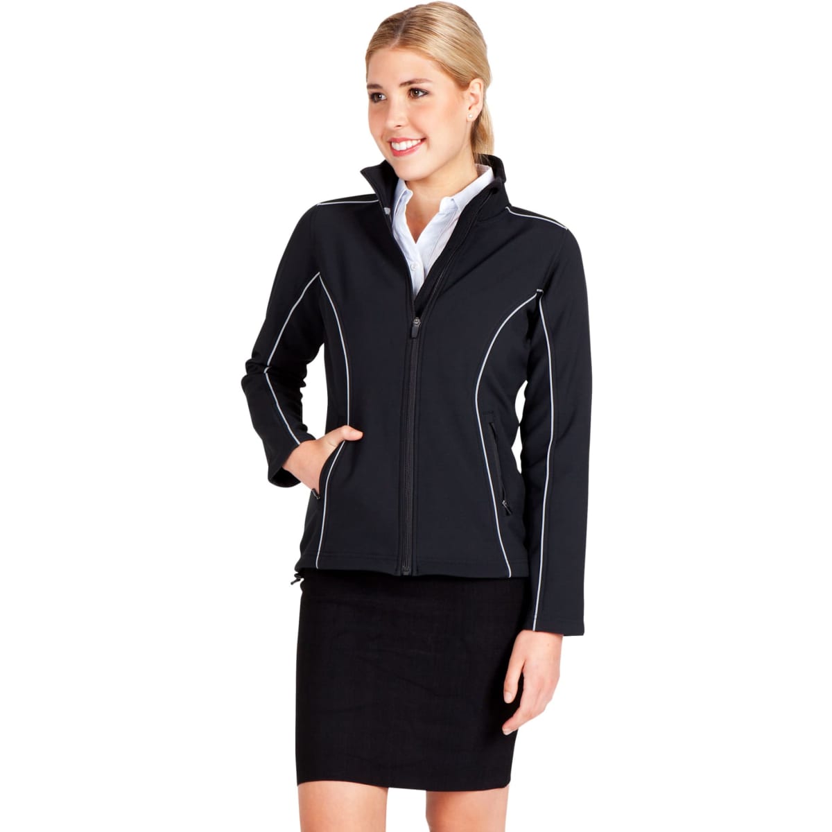 A black women's jacket featuring white piping, designed with a zip front and side pockets, with a branded logo.