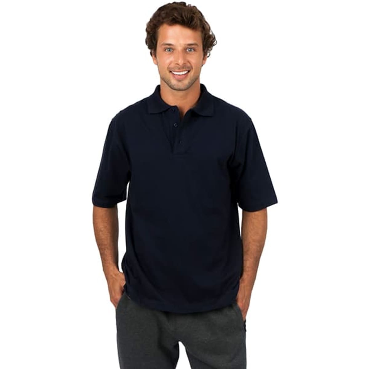 A navy blue men's polo shirt made from 100% cotton jersey, featuring a collar and short sleeves.