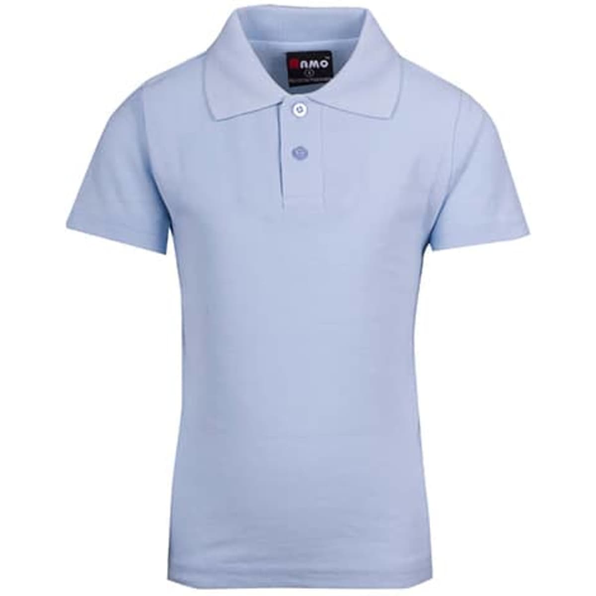 A light blue kid's pique polo shirt with a collar and a logo on the label.