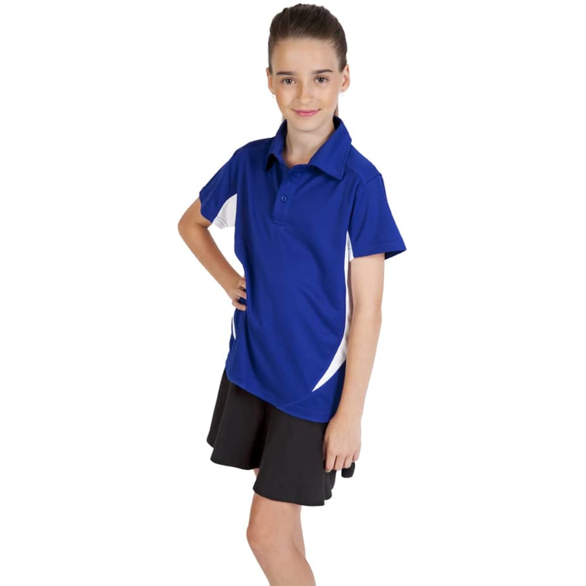 A girl wearing a blue polyester polo shirt with white accents, standing confidently with her hands on her hips.
