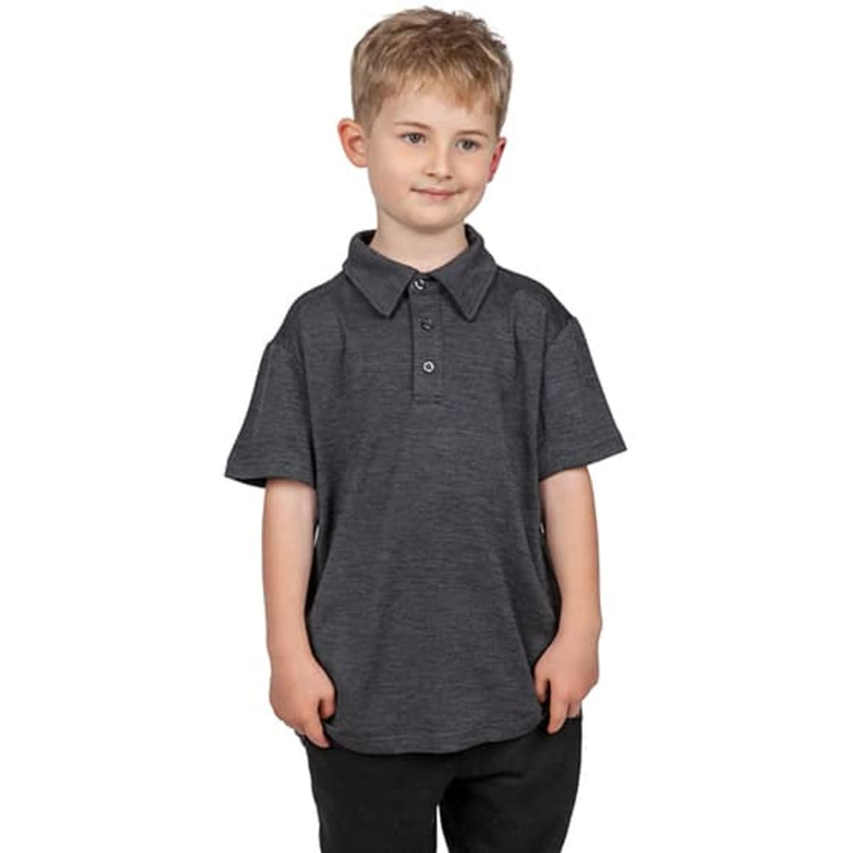 A grey Kid's Challenger 100% polyester polo shirt on a child, featuring a collar and button placket.