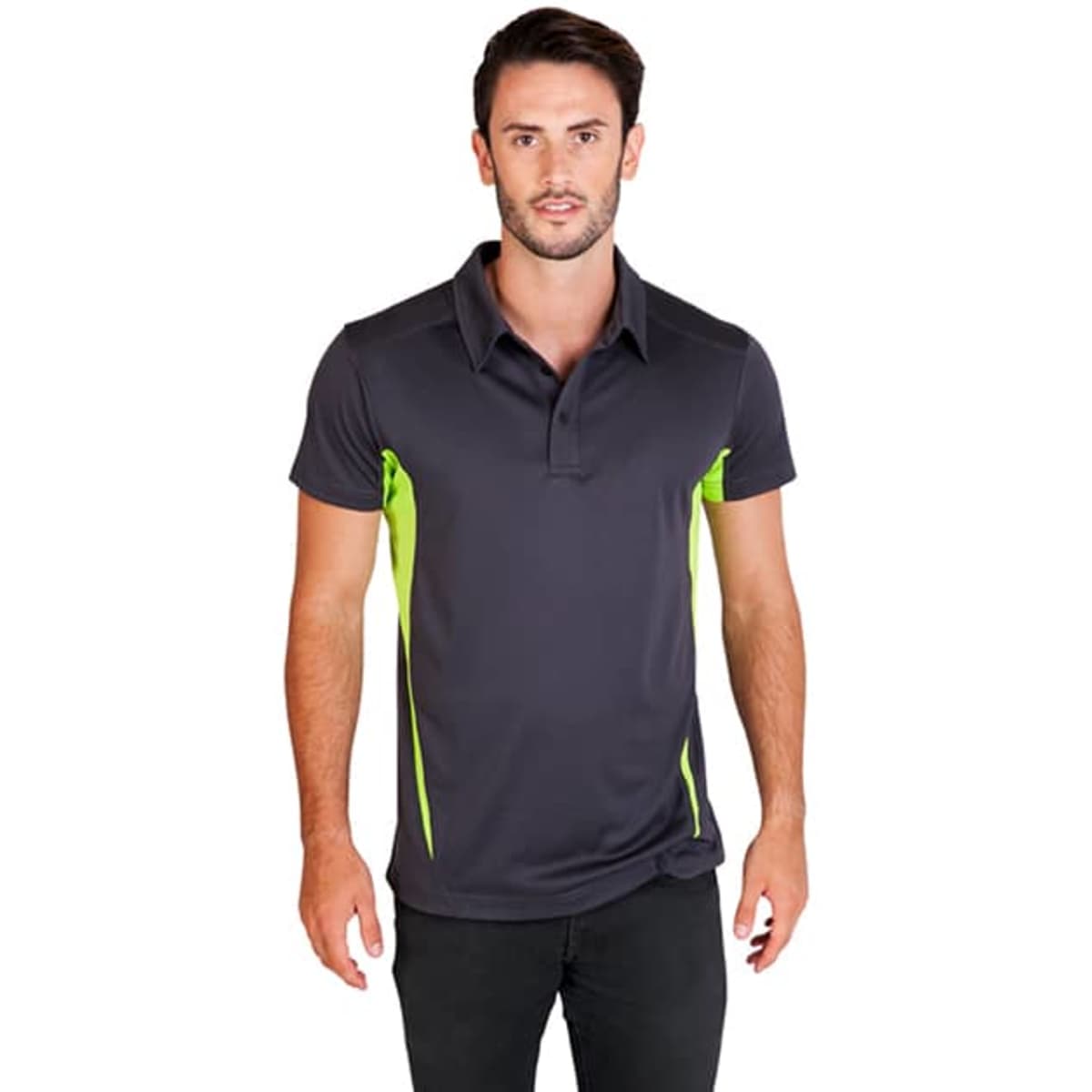 A dark grey polo shirt with bright green accents, featuring a collar and a logo on the chest.