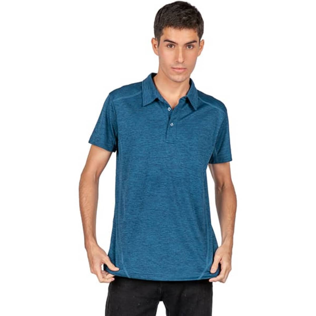 A blue polyester polo shirt for men and unisex, featuring a collar and a logo.