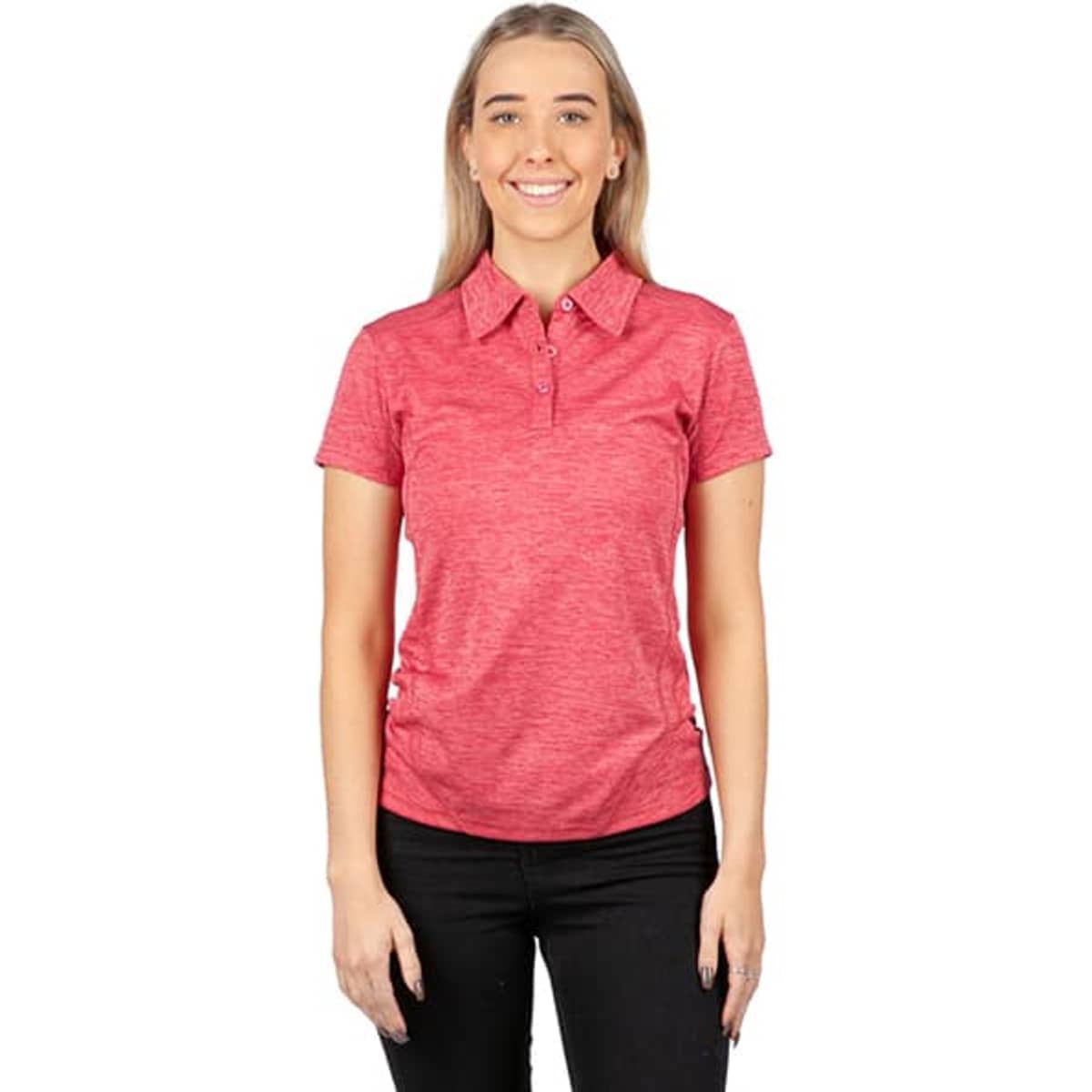 A woman stands wearing a red 100% polyester polo shirt featuring a collar and short sleeves. The shirt has a logo.