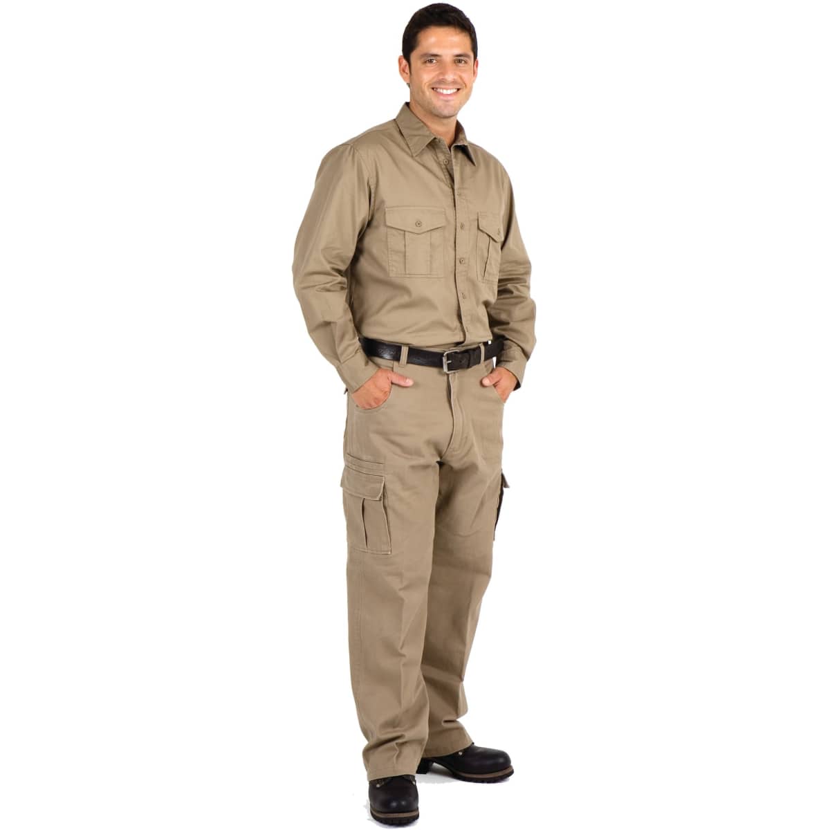 A long sleeve work shirt in khaki with two chest pockets, worn by a smiling male model. Features a logo.