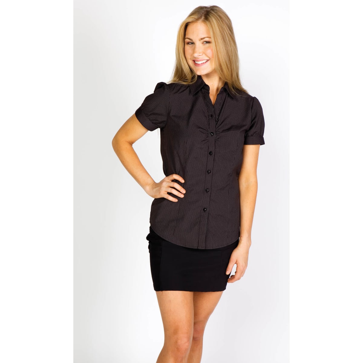 A fitted short-sleeve button-up shirt in black with a subtle stripe pattern, featuring a branding logo.