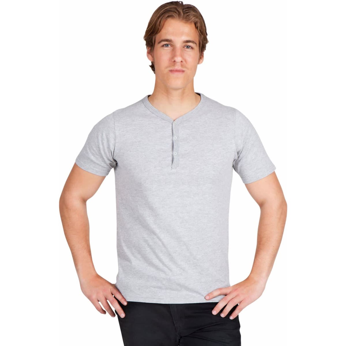 A grey Men's Hanley T-shirt featuring a round neckline and short sleeves, worn by a model.