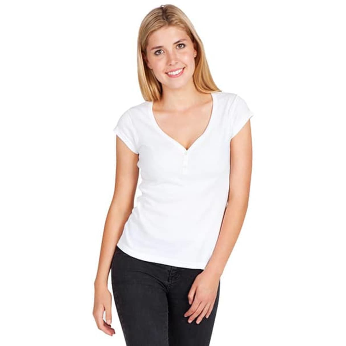 A white women's t-shirt with a v-neck and short sleeves, displayed on a model against a plain background.