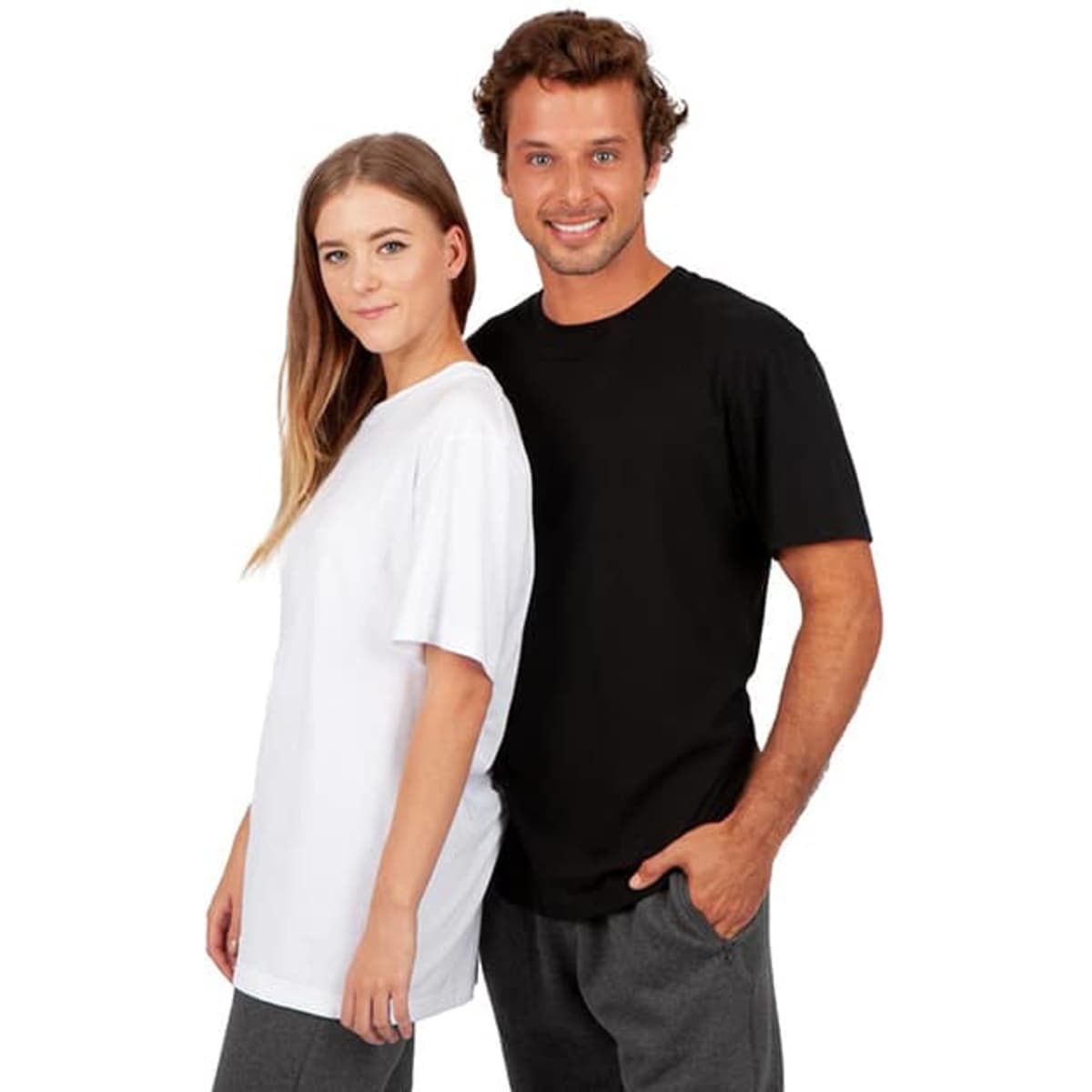 A black and a white unisex t-shirt displayed on models, featuring a simple design and relaxed fit.